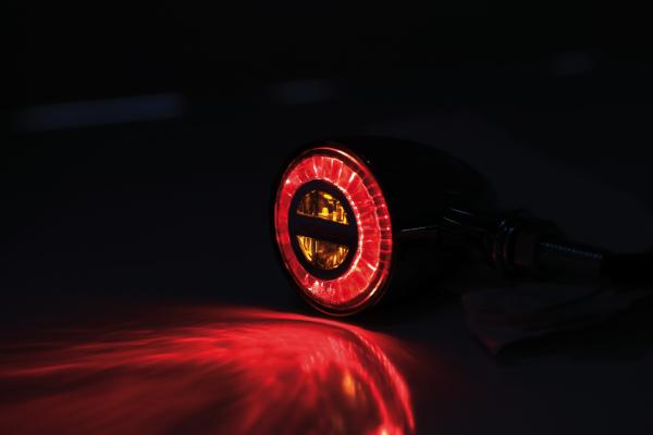 LED Blinker Rocket Classic schwarz mit Rücklicht und Bremslicht getönt